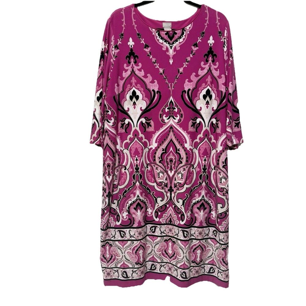 Chico’s Dress Size 3 XL Pink Black White Paisley Shift 3/4 Sleeve Colorful